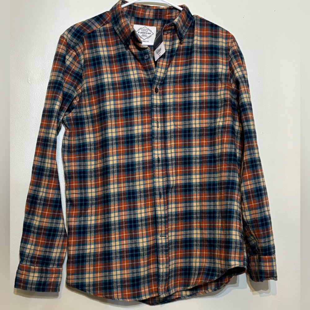 NWT St. John's Bay Classic Fit Flannel Shirt-Ginger Honey Plaid Size Medium
